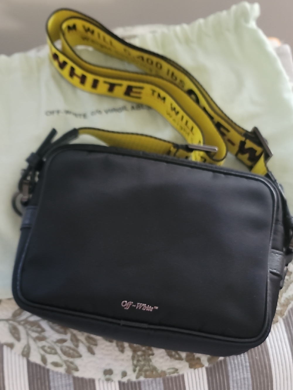 Off-White Black Leather Messenger Bag with Yellow Industrial Strap